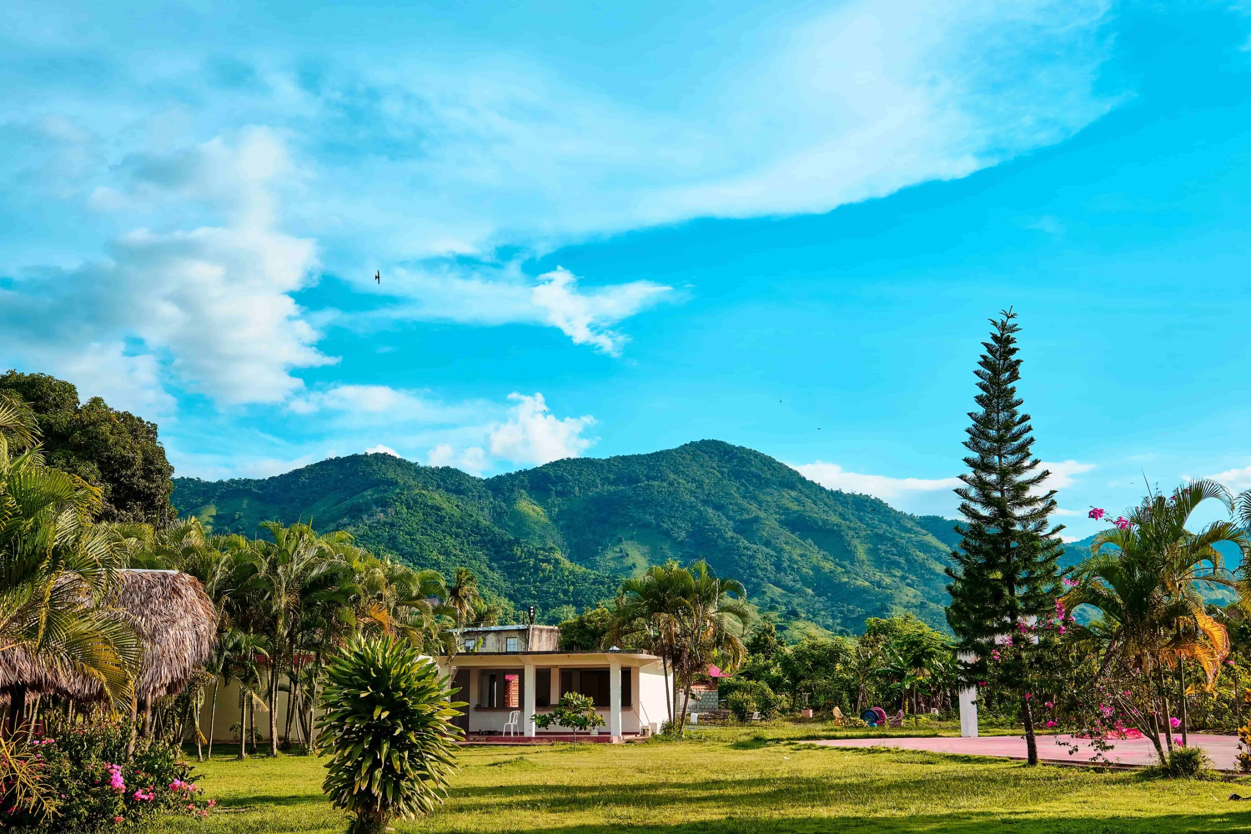 Beautiful rural setting in Villa Altagracia with lush greenery and mountainous backdrop.