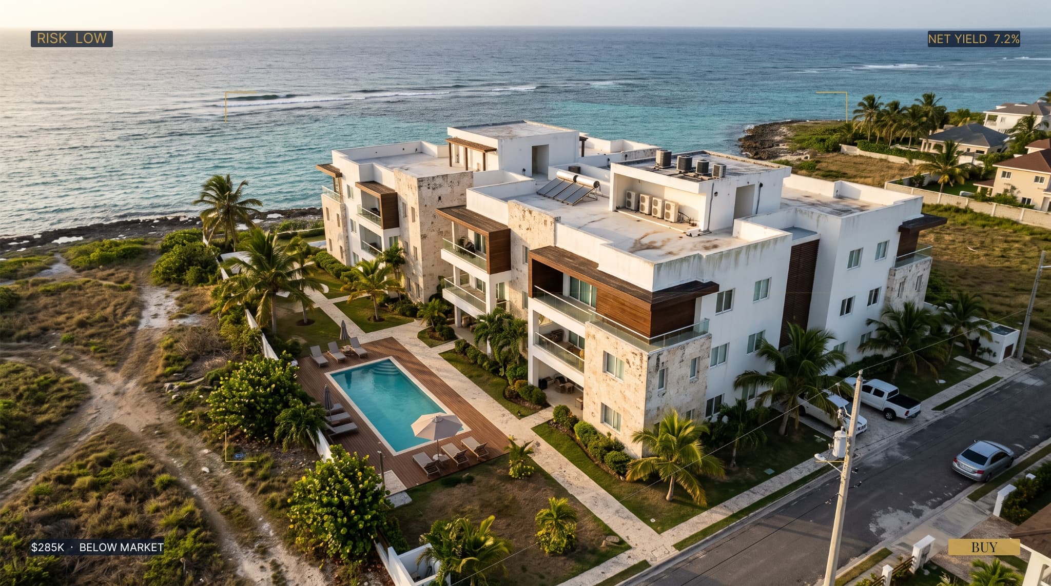 Modern two-story tropical appartements with a swimming pool is shown with architectural measurement lines and analysis labels highlighting the roof, wall height, balcony area, limestone façade, pool size, structural integrity, energy rating, and parcel details.